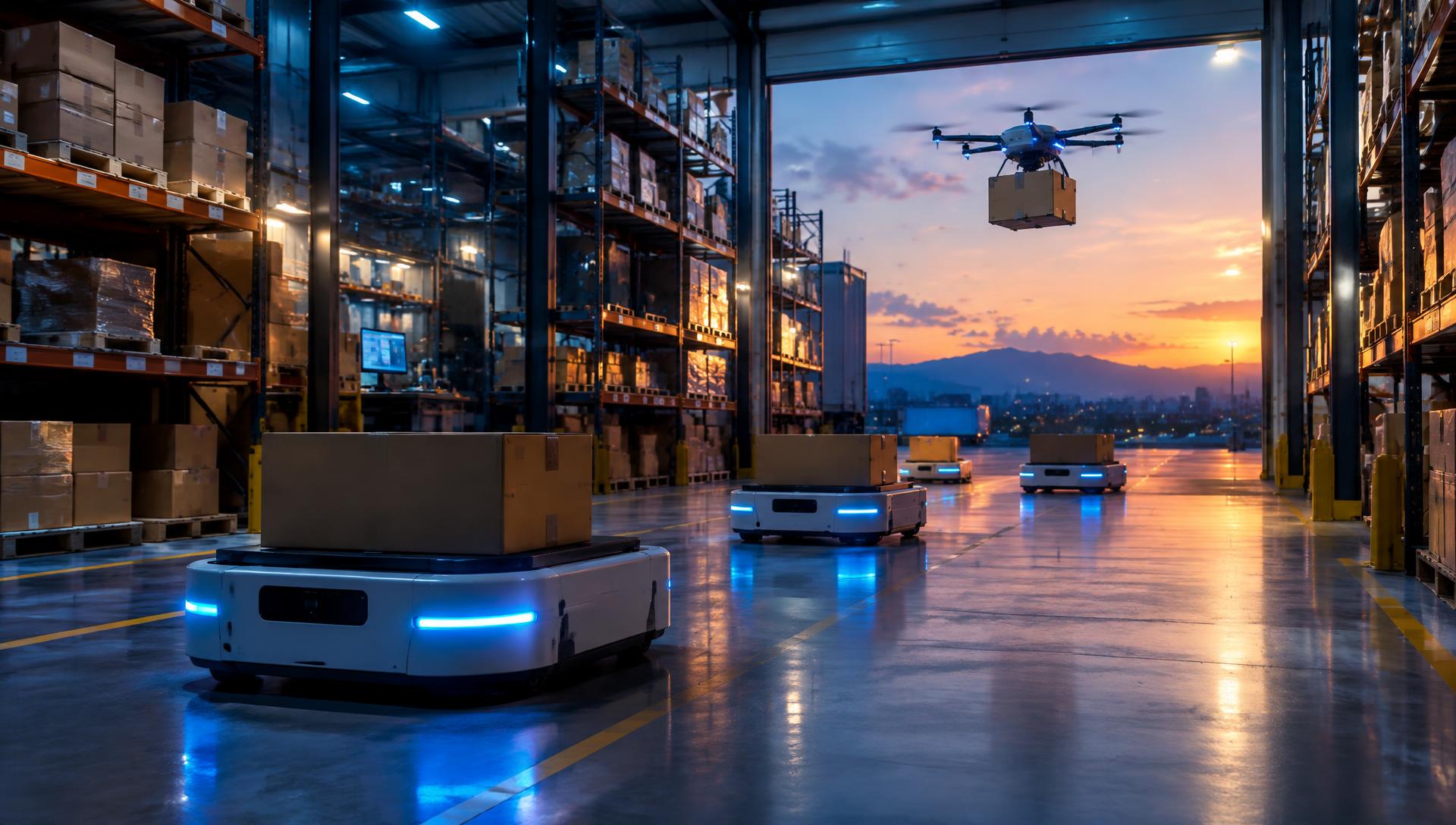 Autonomous mobile robots and a delivery drone moving inventory in a warehouse